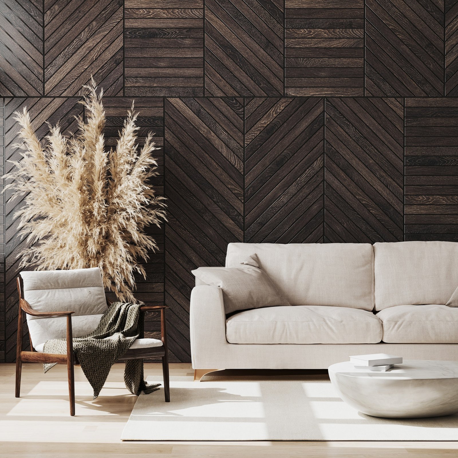MODERN LIVING ROOM INTERIOR MOCK UP WITH WOODEN WALL PANEL WOODEN CHAIRS AND BEIGE SOFA - DEWI SRI VILLA